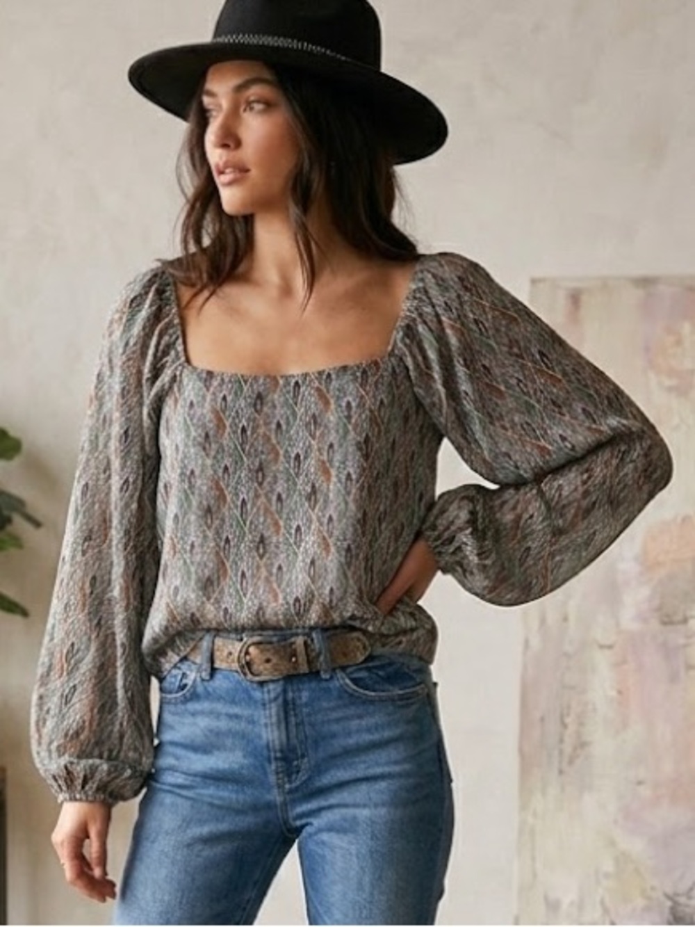 Lush White Smocked Long Sleeve Blouse square neck